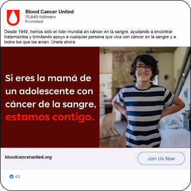 Anuncio de Blood Cancer United — 'Si eres la mamá de un adolescente con cáncer de la sangre, estamos contigo'
