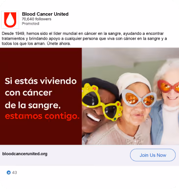 Anuncio de Blood Cancer United — 'Si estás viviendo con cáncer de la sangre, estamos contigo'