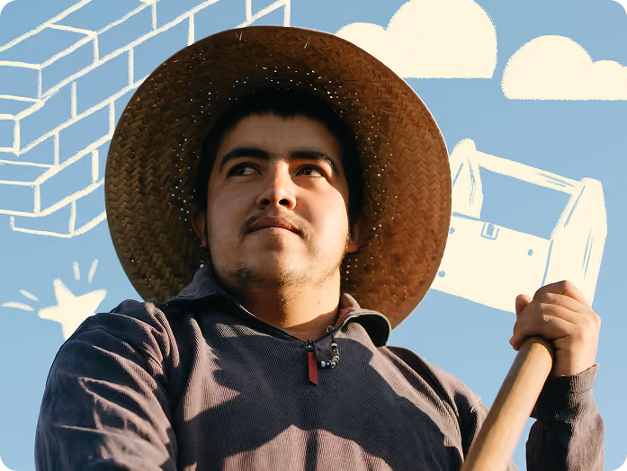 Finviar collage — man in a straw hat with moving-day illustrations