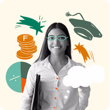 Collage de Finviar — joven profesionista con ilustraciones financieras