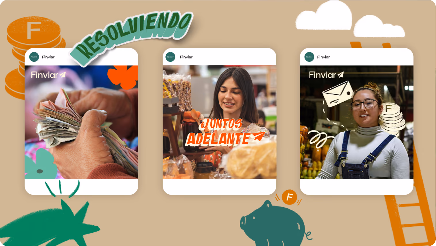 Tres teléfonos con videos sociales de Finviar sobre fondo ilustrado