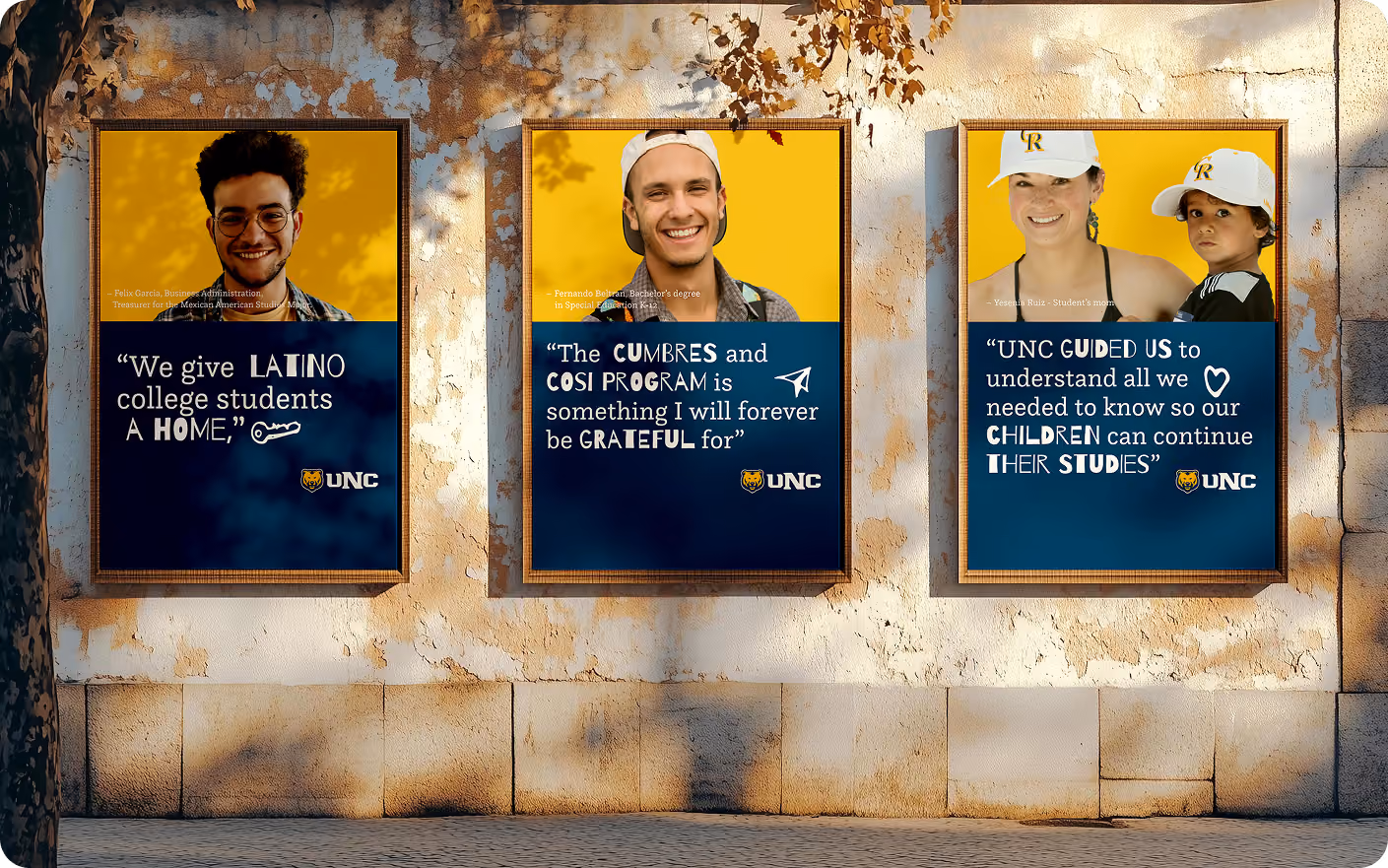 Three framed ¡Sí Hay! testimonial posters on a wall