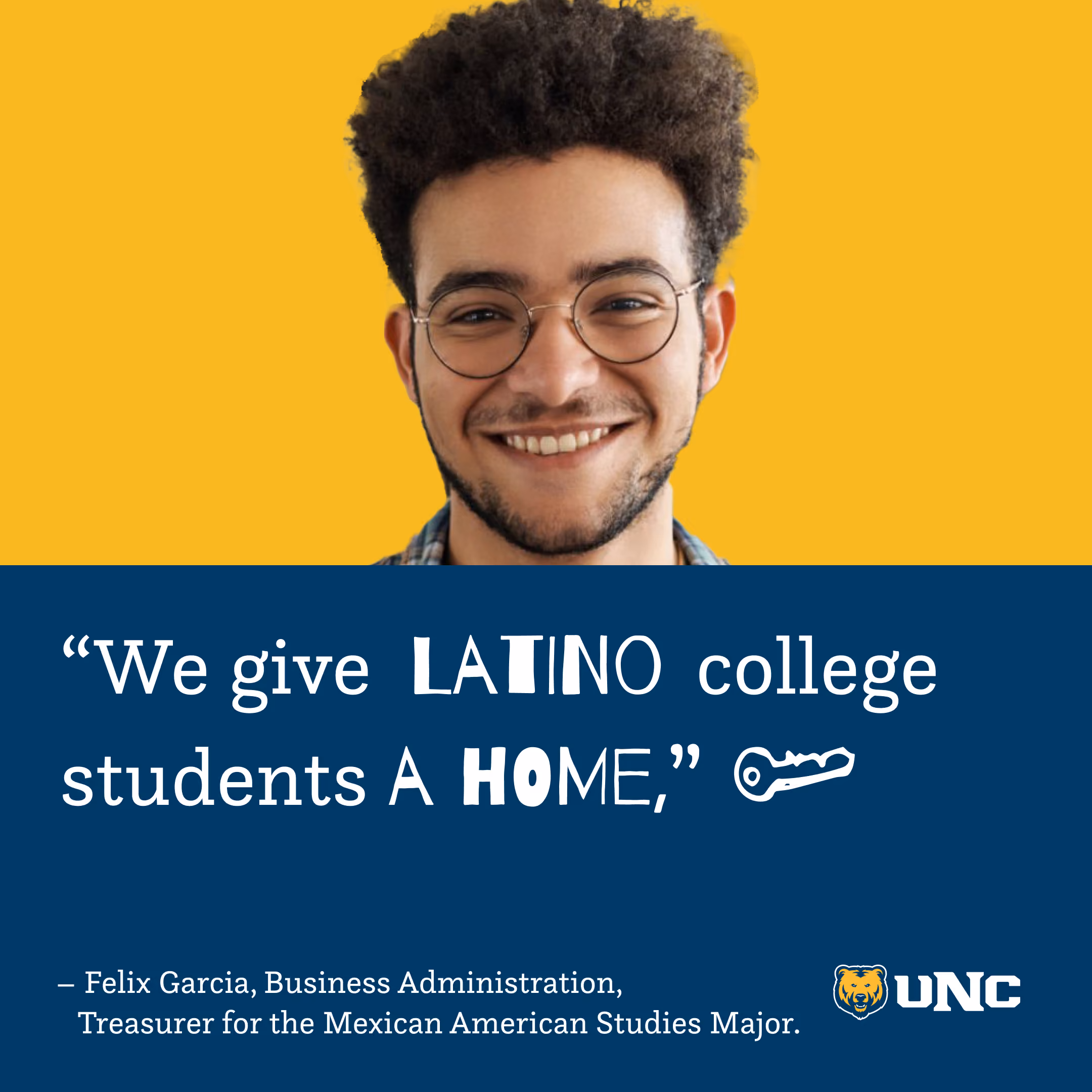 ¡Sí Hay! quote card — 'We give Latino college students a home', Felix Garcia