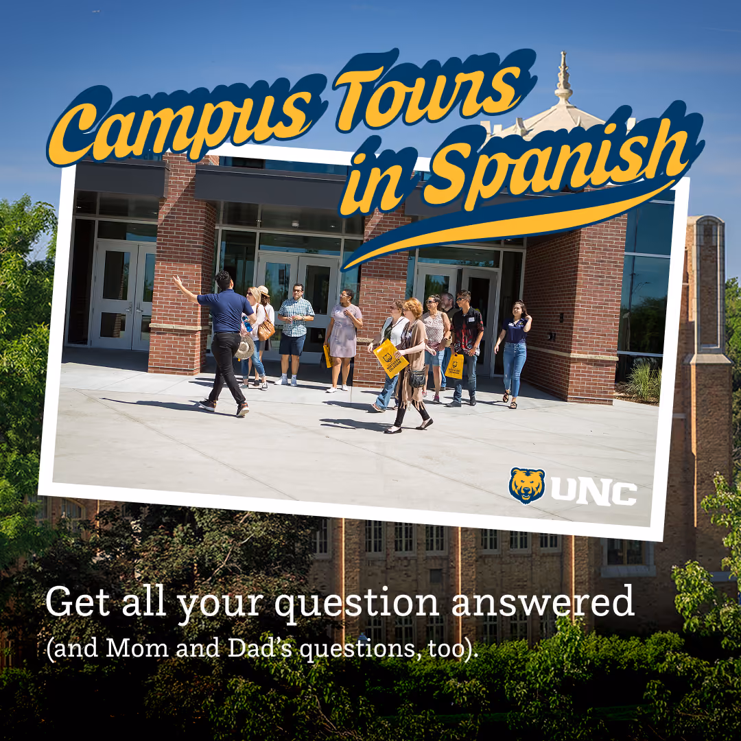 'Campus Tours in Spanish' postcard of a campus tour group