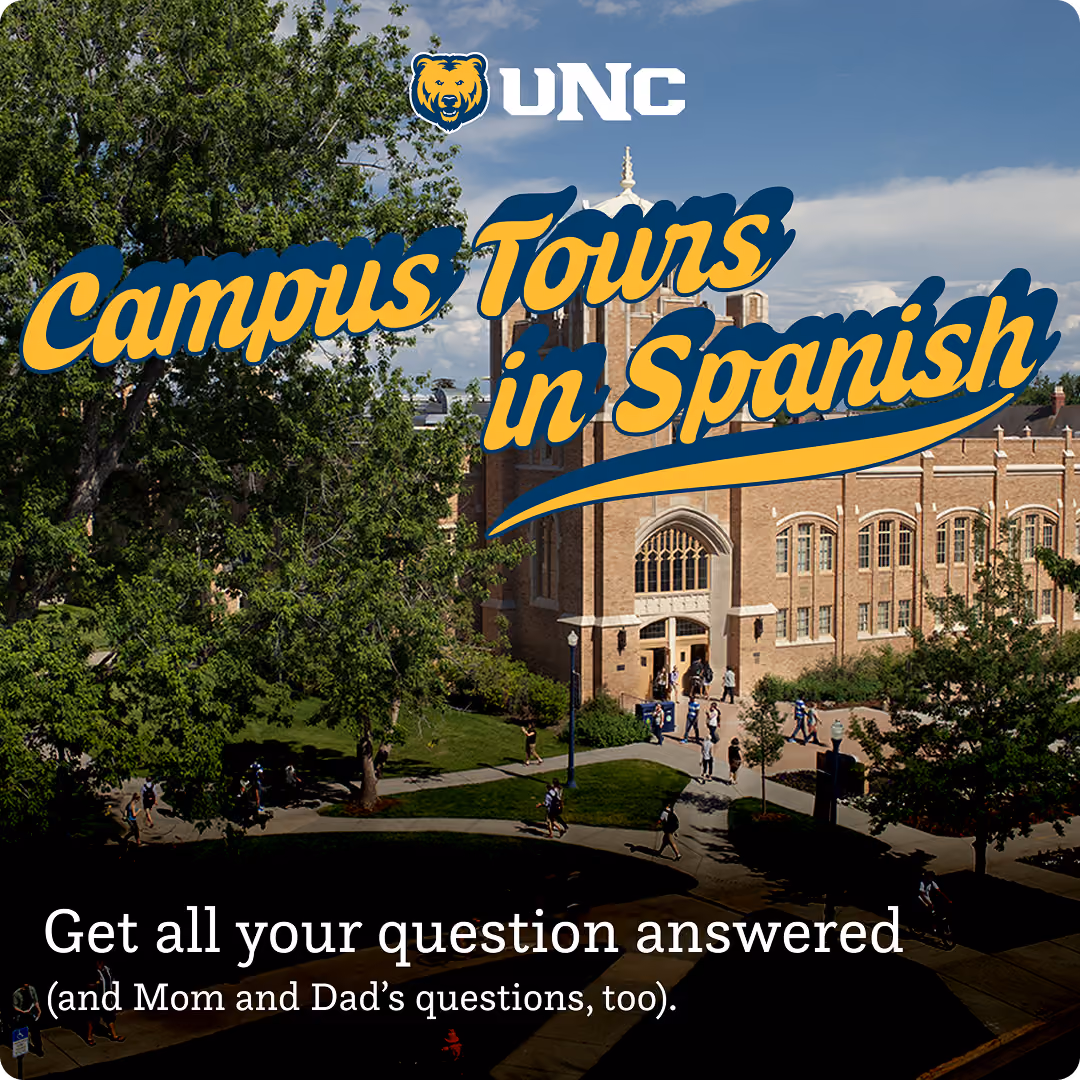 'Campus Tours in Spanish' card over a UNC campus photo
