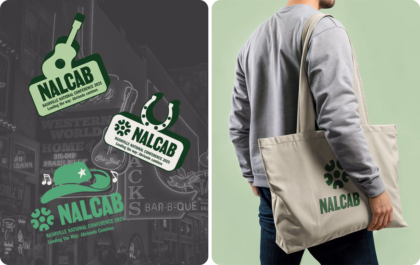 NALCAB brand applications — neon badge signs and tote bag