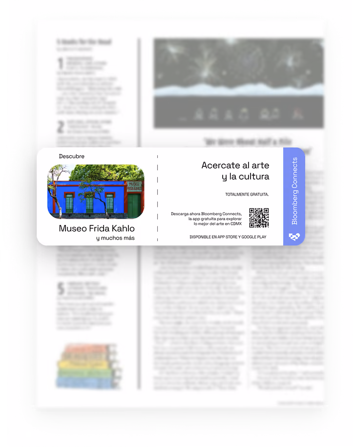 Magazine page with a Bloomberg Connects card for Museo Frida Kahlo