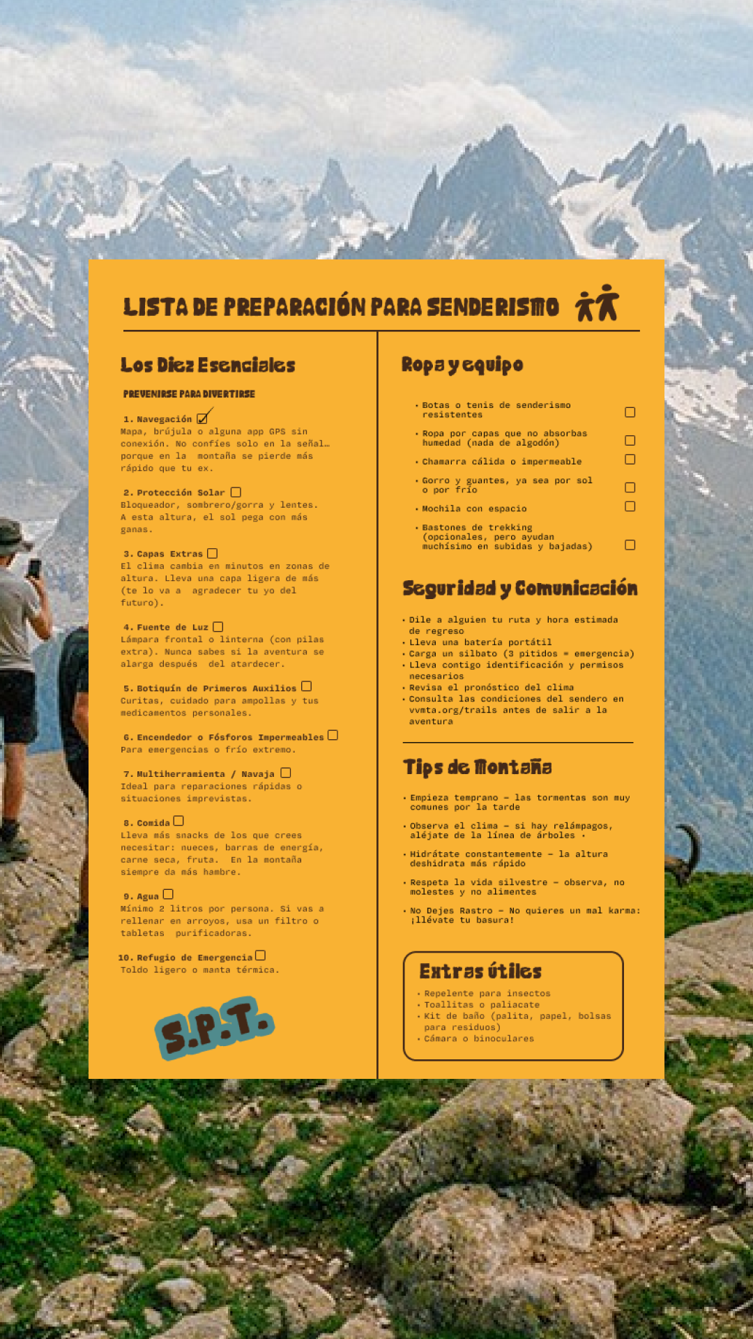 Letrero 'Lista de preparación para senderistas' en la montaña
