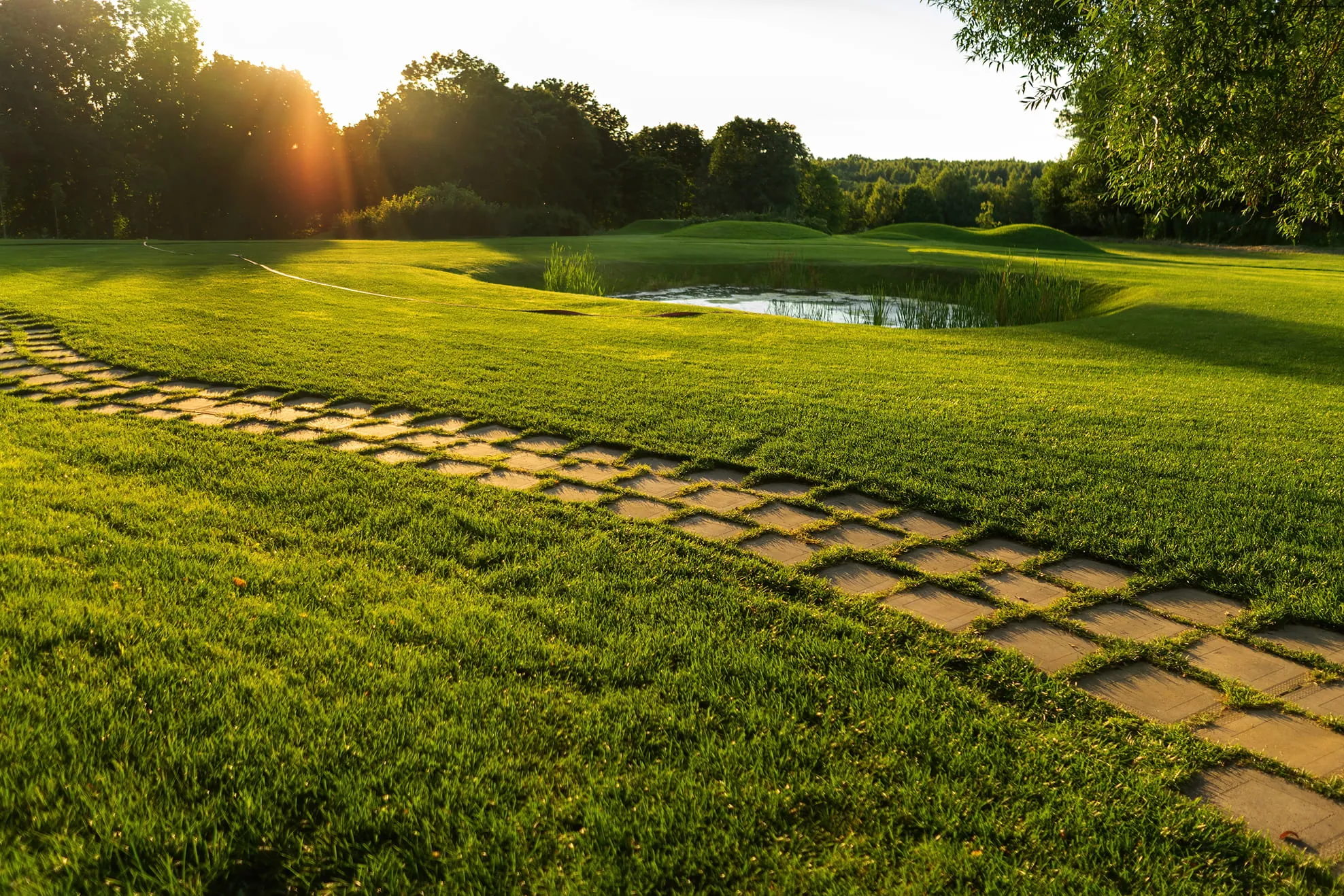 Sunlit golf course with lush green grass, a stone path, and a small water hazard surrounded by trees.