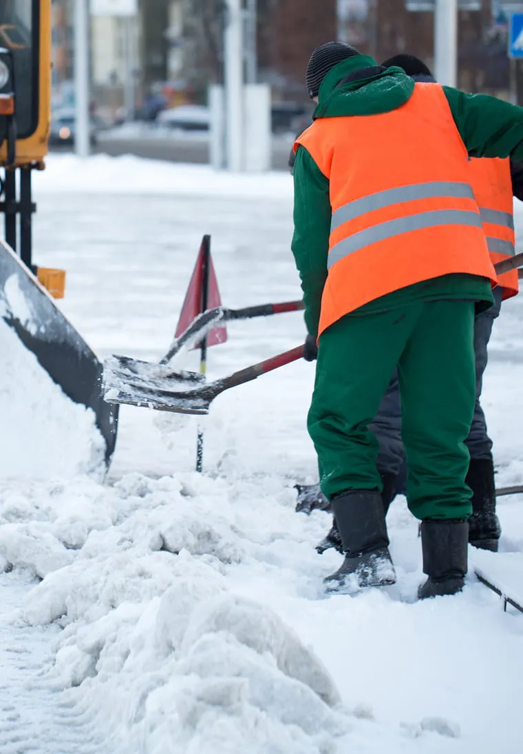 Workers in orange safety vests shoveling snow on a street.