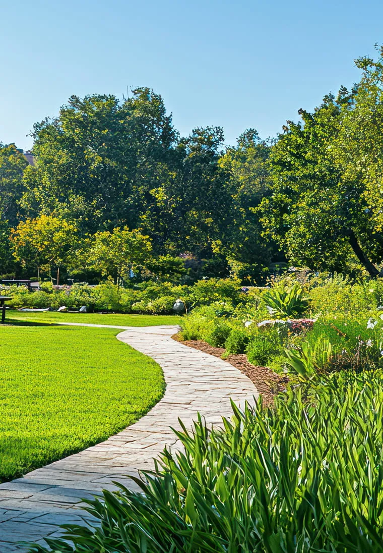 Curved stone pathway winding through a lush green park with trees and plants under a clear blue sky.