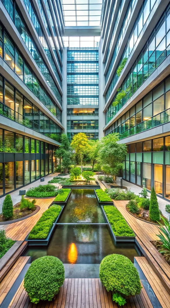 Modern office building courtyard with a central reflecting pool surrounded by lush green plants and wooden walkways.