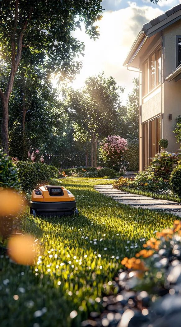 Automated lawn mower working on a green lawn in a landscaped garden beside a modern house during sunset.