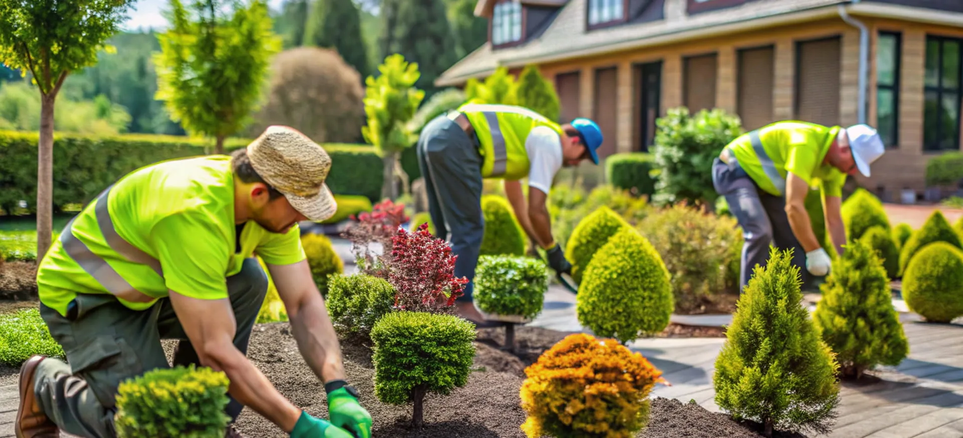 Three landscapers in neon yellow safety vests planting and trimming shrubs in a garden in front of a house.