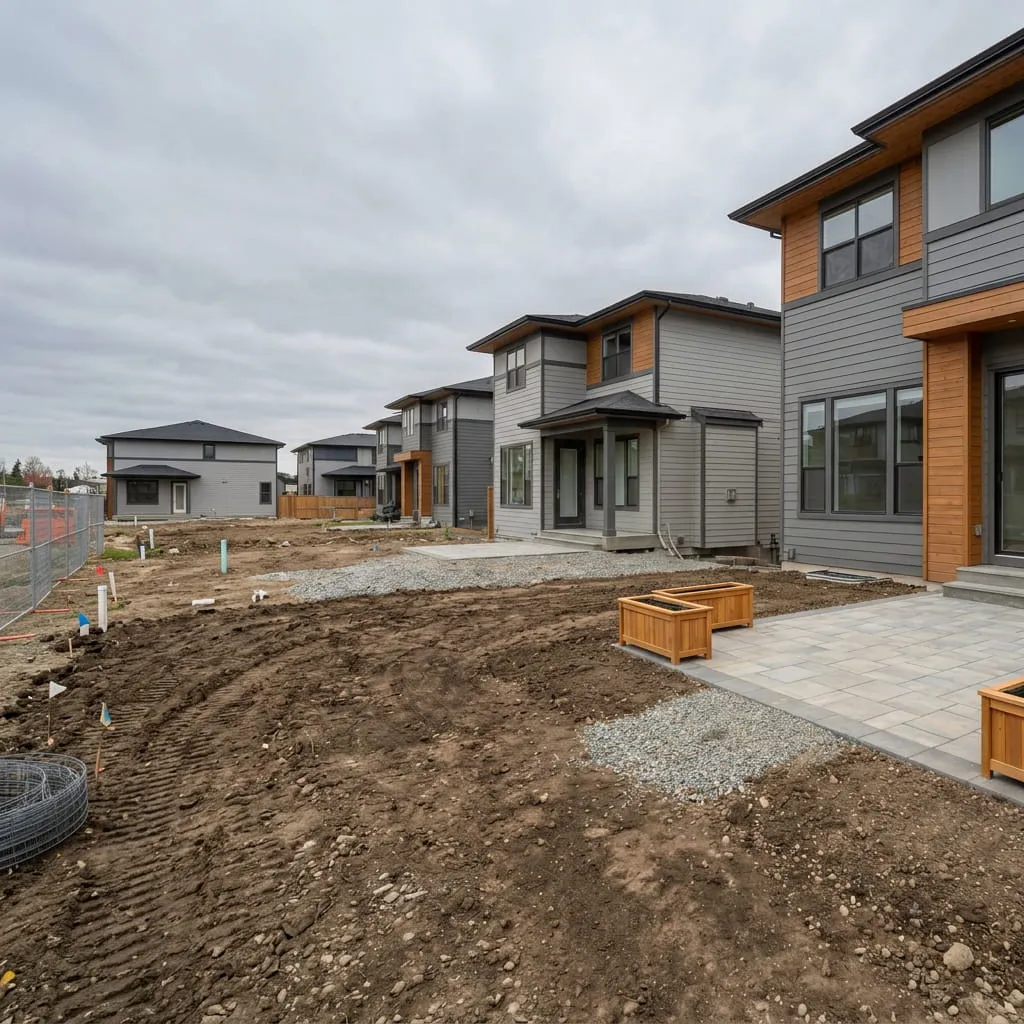 Row of modern two-story gray houses with brown trim next to a muddy construction site under a cloudy sky.