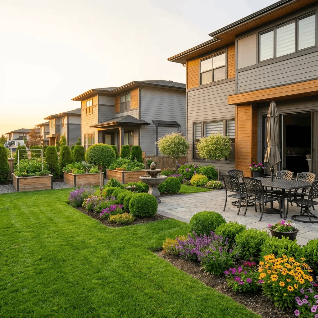 Modern suburban backyard with green lawn, raised garden beds, colorful flower beds, a stone fountain, and a patio dining set with umbrella beside a gray and wood-paneled house.