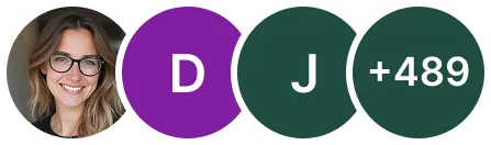 Profile photo of a smiling woman with glasses, followed by purple and green circles containing the letters D, J, and the number +489.