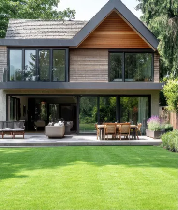 Modern two-story house with large glass windows and sliding doors opening to a patio with outdoor seating and dining area, overlooking a well-maintained green lawn.