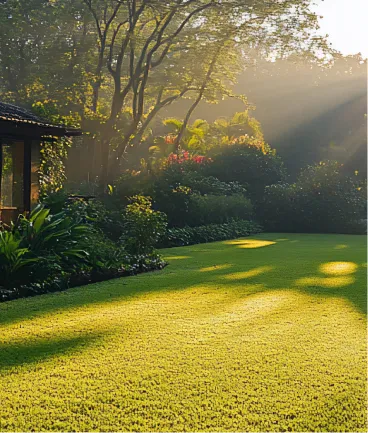 Sunlight filtering through trees onto a green lawn bordered by lush shrubs and flowers near a house.