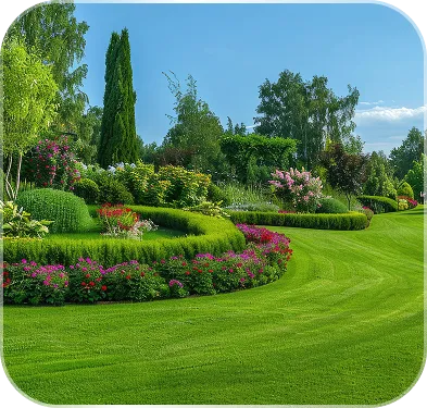 Manicured garden with curved flower beds filled with colorful flowers and neatly trimmed bushes under a clear blue sky.