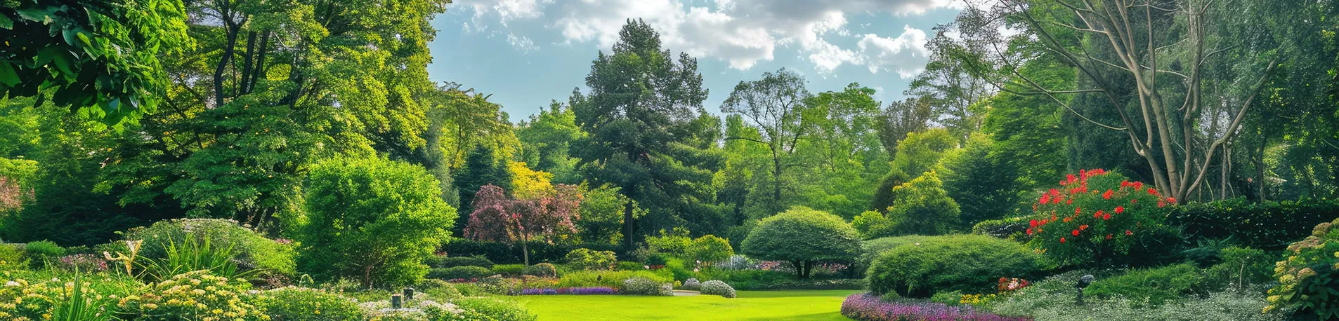 A lush garden with green trees, colorful flowers, and a bright sunny sky with scattered clouds.