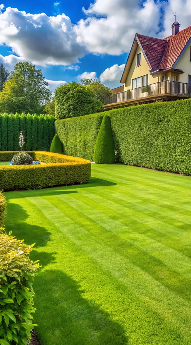 Well-maintained garden with striped green lawn, neatly trimmed hedges, and a house with a red roof under a partly cloudy sky.