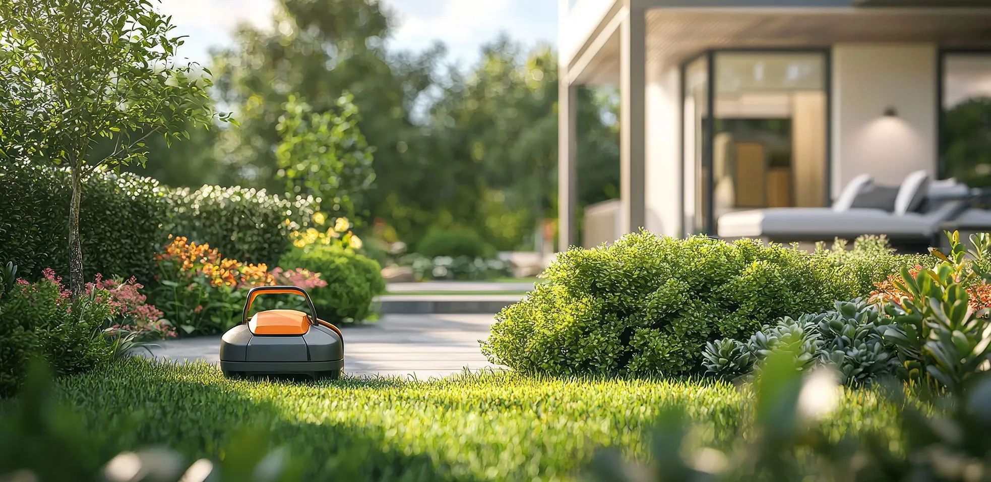 Robotic lawn mower on a green lawn next to a garden with bushes and flowers in front of a modern house with a patio.