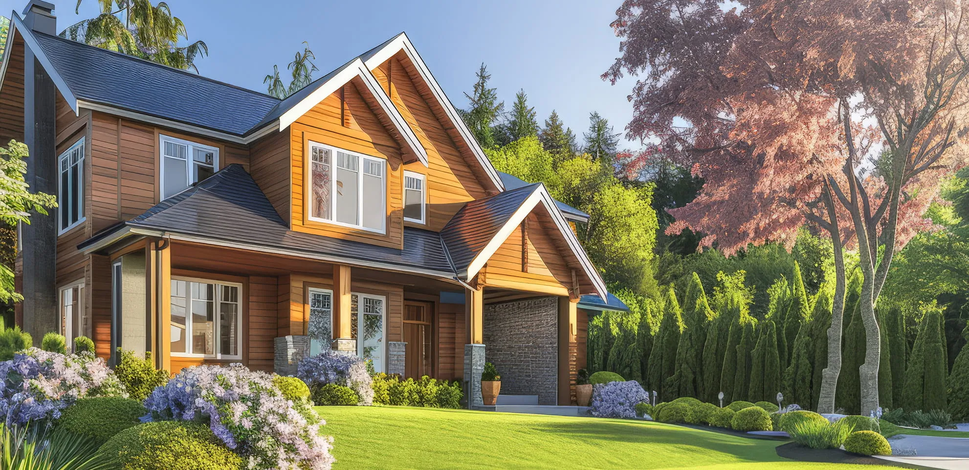 Two-story wooden house with manicured lawn, flowering bushes, tall green shrubs, and a tree with pink foliage in a sunny garden.