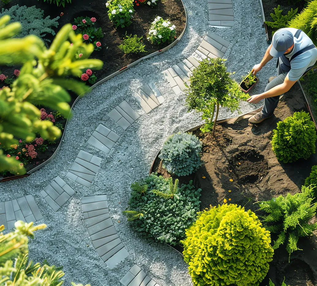 Gardener planting small shrubs along a curved stone pathway in a landscaped garden.