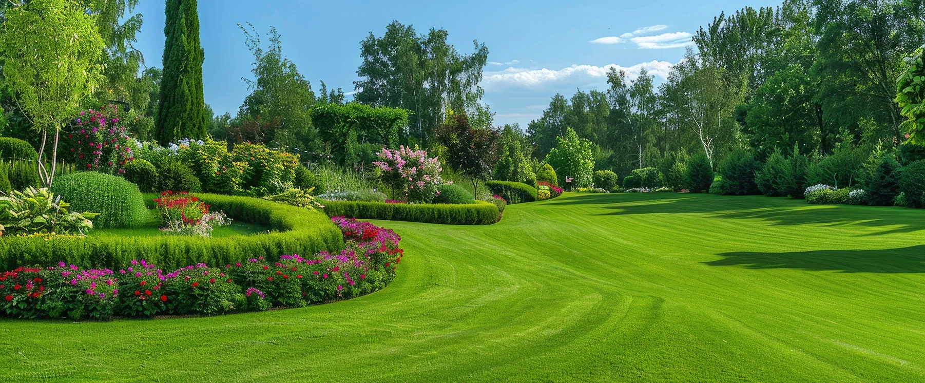 Manicured garden with lush green lawn, shaped hedges, and colorful flowering plants under a blue sky.