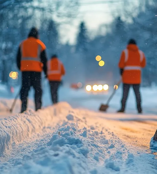 Three workers in orange safety vests shoveling snow on a road during snowy evening with blurred car headlights in the background.