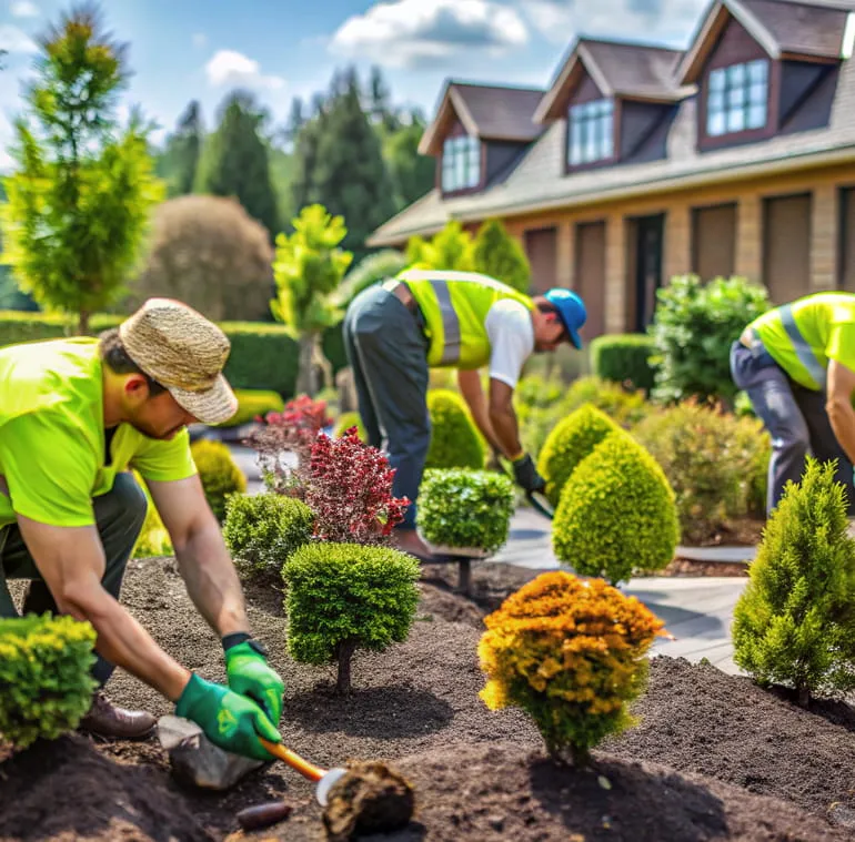 Three gardeners in bright green shirts planting and tending shaped bushes in a landscaped garden in front of a house.