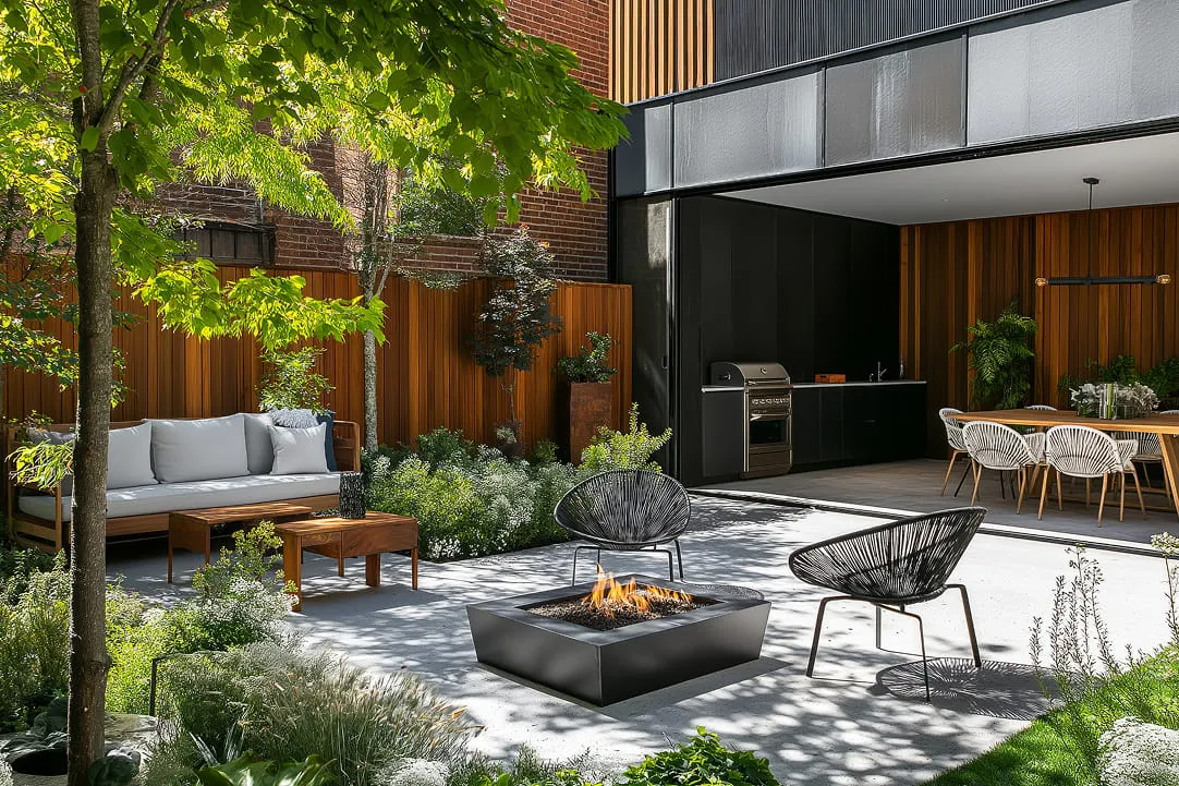 Modern backyard with a stone patio featuring a fire pit, two round black wire chairs, a wooden couch with gray cushions, and an outdoor kitchen with dining table and chairs under a covered area.