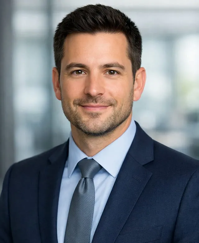 Professional young man with dark hair wearing a navy suit, light blue shirt, and gray tie, smiling with a blurred office background.
