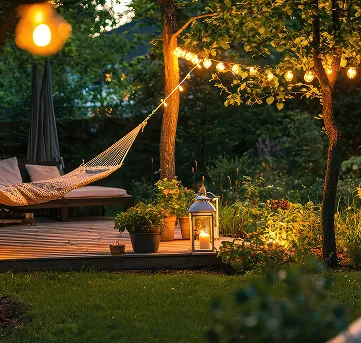 Cozy backyard with a hammock, string lights, potted plants, and a lantern glowing at dusk.