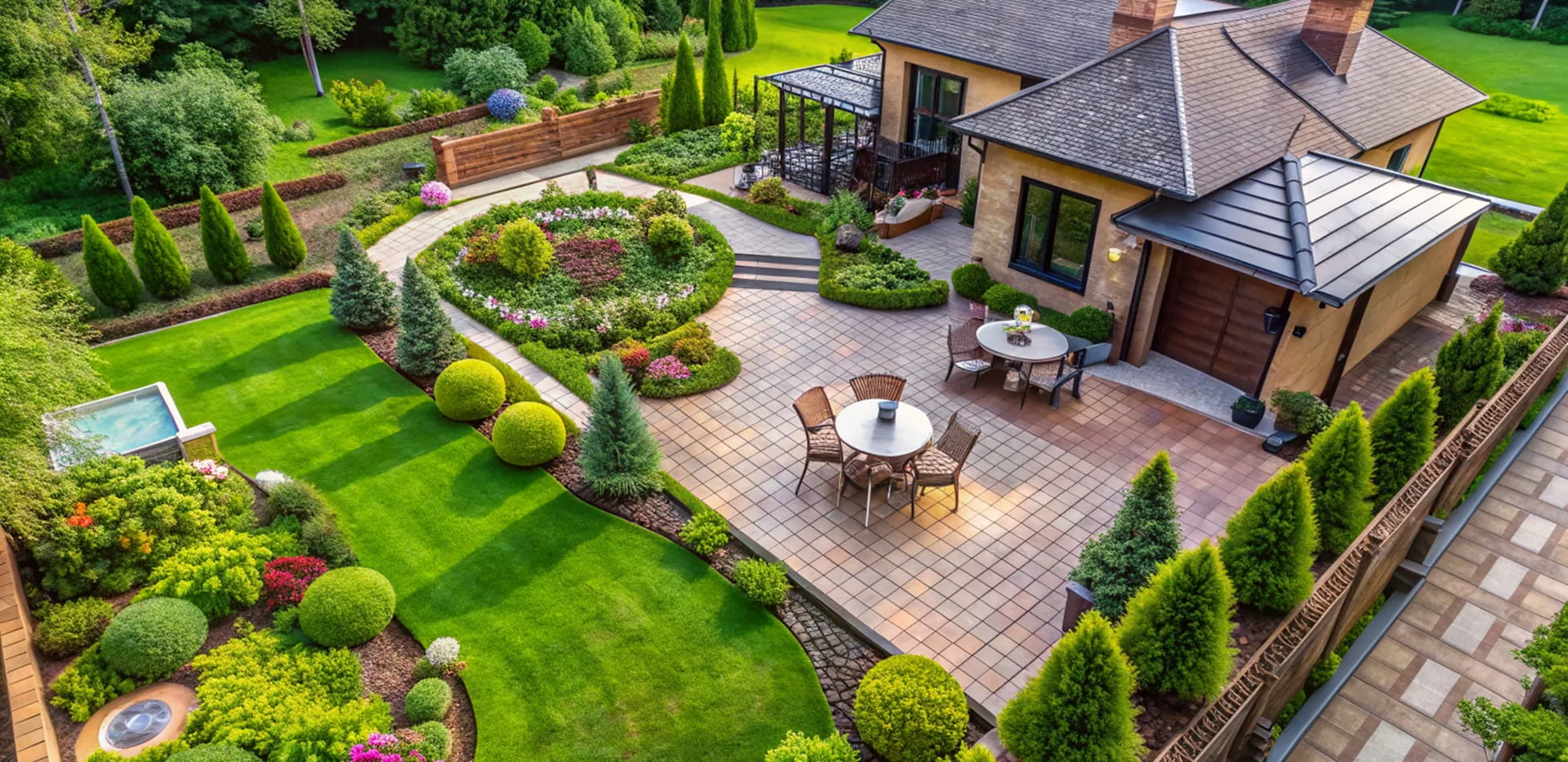Aerial view of a modern house with a tiled patio, outdoor dining tables, and a manicured garden with trimmed shrubs and lush green lawn.