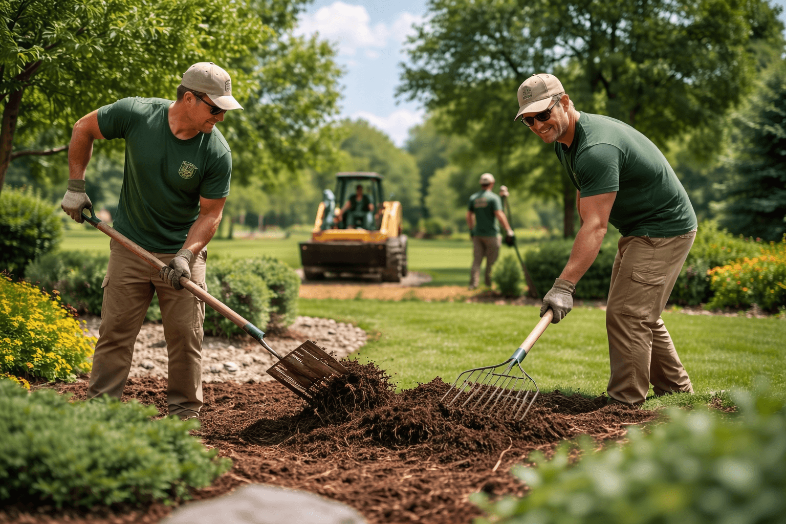 Two landscapers in green shirts and khaki pants spreading mulch in a garden bed with tools, with a third person and a loader in the background.