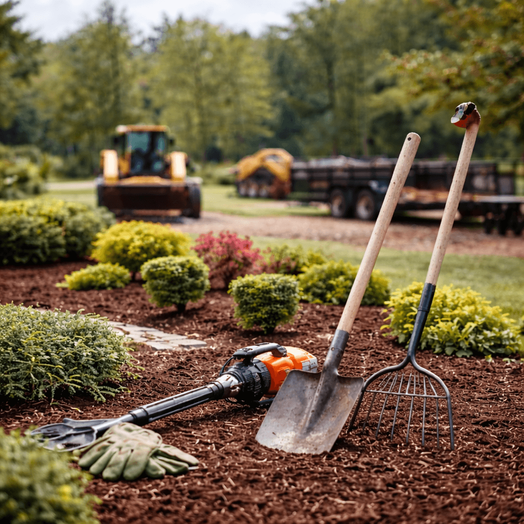 Garden tools including a shovel, pitchfork, gloves, and a blower resting on mulch with a landscaped garden and construction equipment in the background.