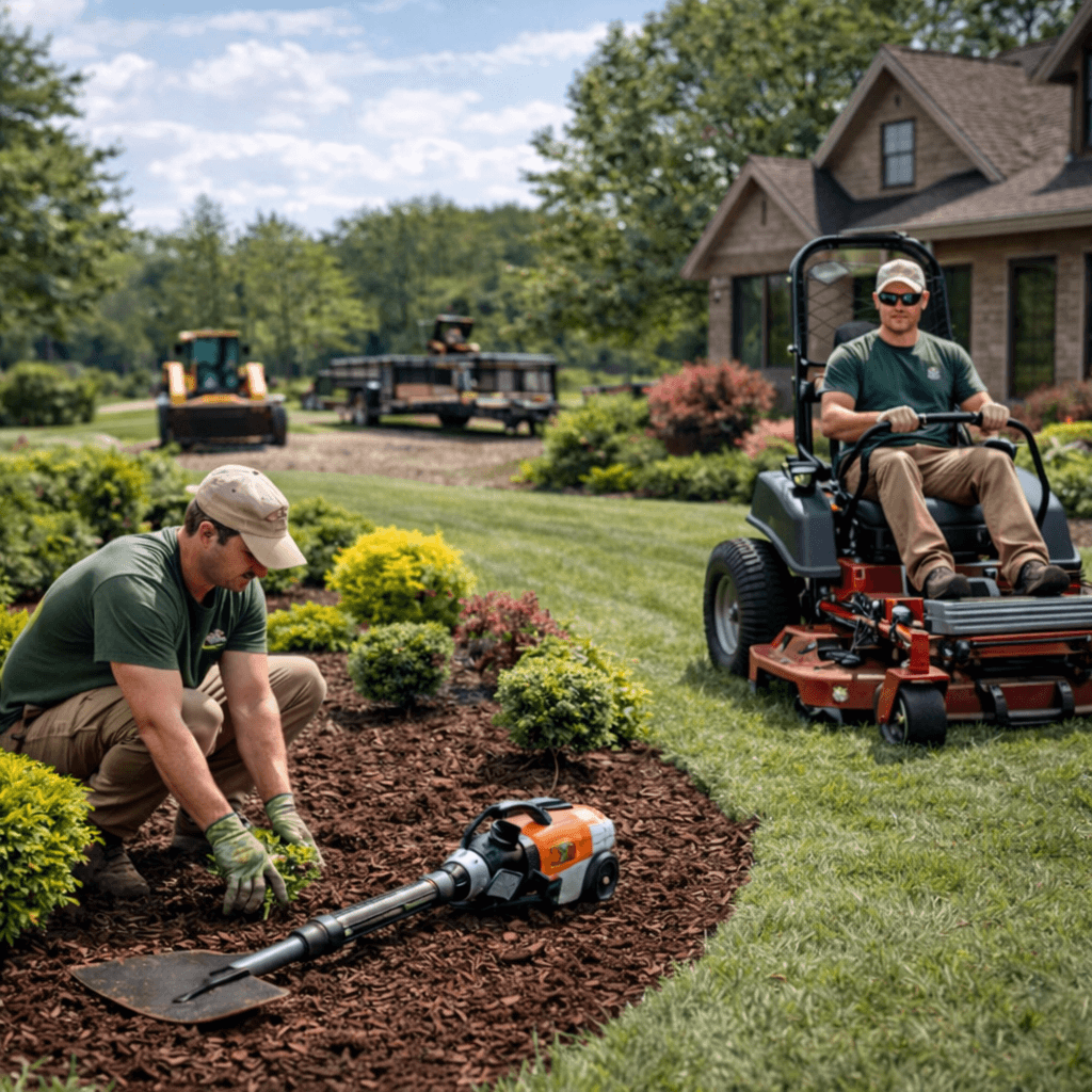 Two landscapers working in a garden; one kneeling to plant shrubs while the other rides a lawn mower near a house.