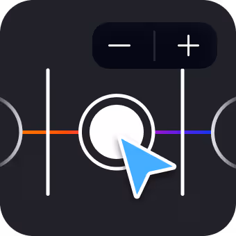 Digital interface showing a central white circle with a blue arrow pointer and plus and minus buttons above it.