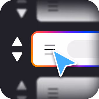 Cursor hovering over a menu icon with three horizontal lines inside a colorful bordered rectangle, flanked by up and down arrow buttons.