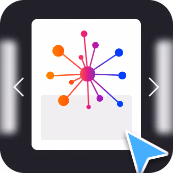 Colorful abstract network diagram with a central pink node connected to smaller orange, pink, and blue nodes, displayed on a white card with navigation arrows on each side and a blue cursor pointer.