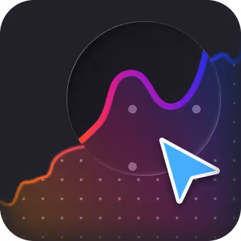 Cursor icon hovering over a colorful, curved line graph segment on a dark background with dotted texture.