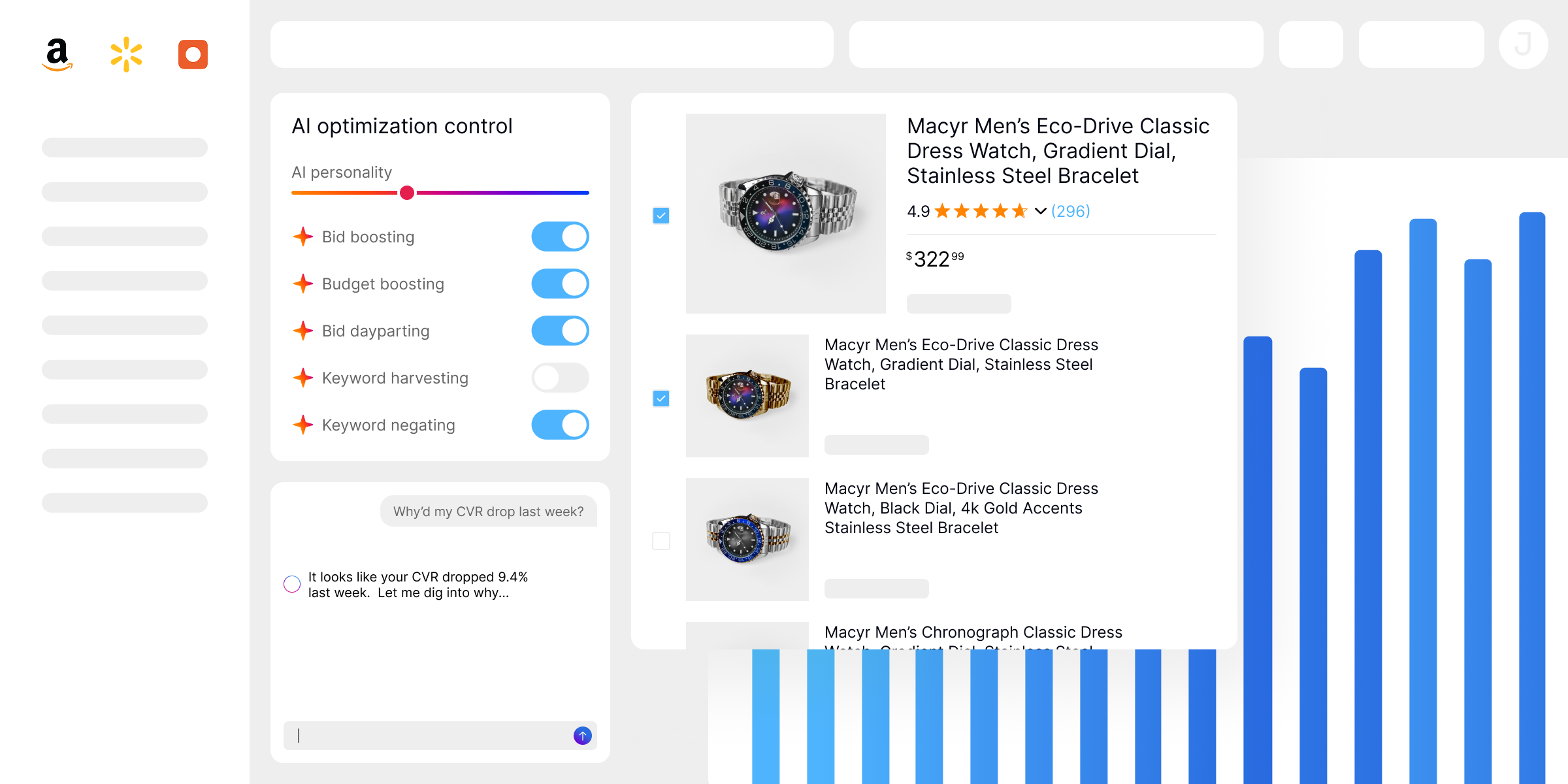 Xnurta AI retail media management dashboard interface showing AI optimization controls for bid boosting, budget boosting, bid dayparting, and keyword negating, a product list of watches with ratings and prices, and a blue bar chart.