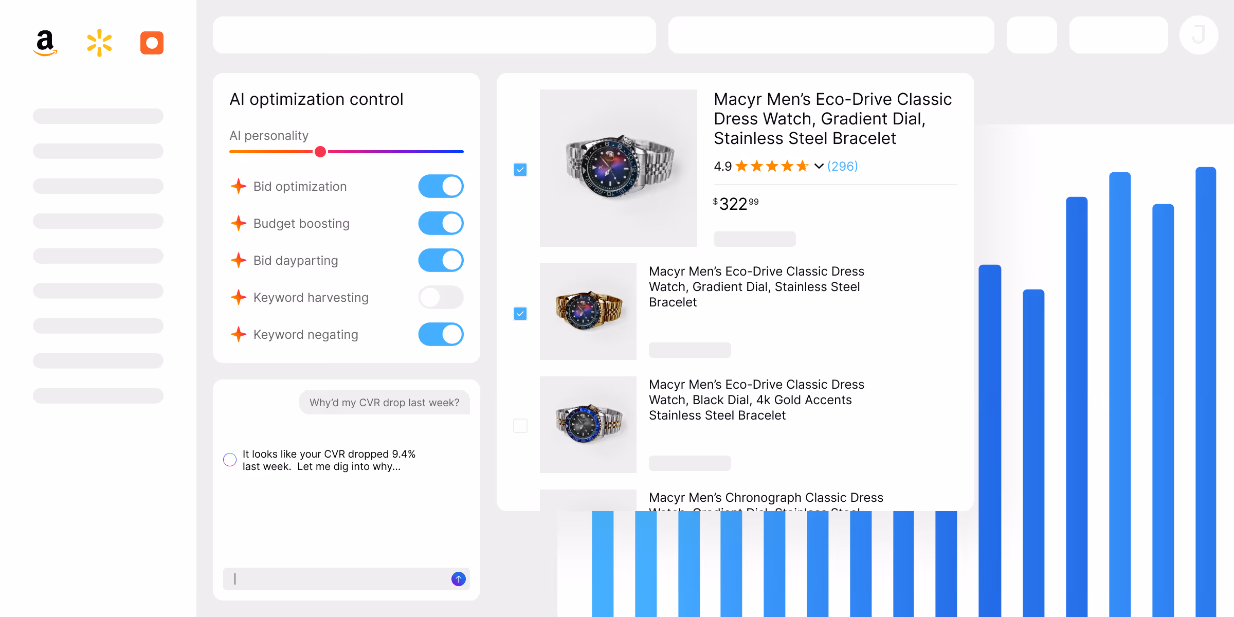 Xnurta AI retail media management dashboard interface showing AI optimization controls for bid boosting, budget boosting, bid dayparting, and keyword negating, a product list of watches with ratings and prices, and a blue bar chart.