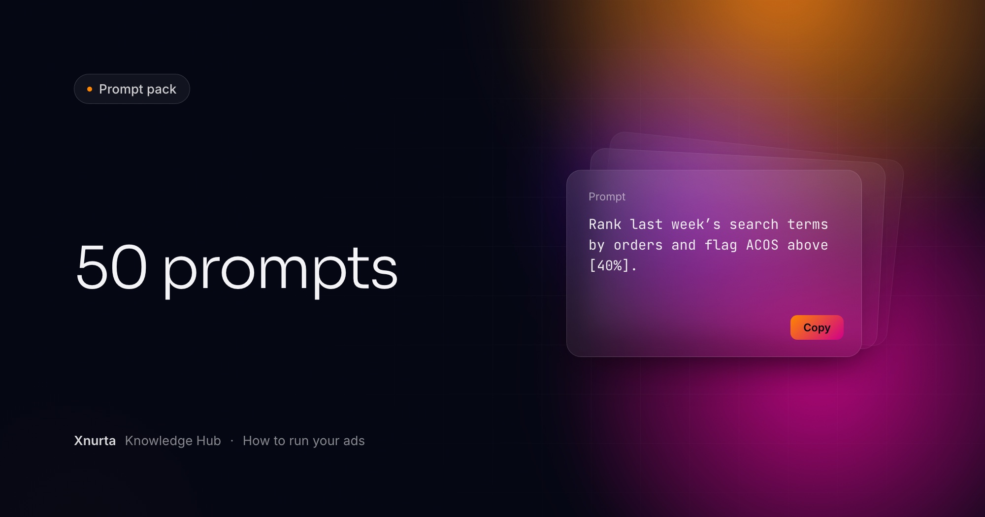 Xnurta Knowledge Hub cover: "50 prompts" on a dark navy gradient, with a prompt card: "Rank last week’s search terms by orders and flag ACOS above [40%]."