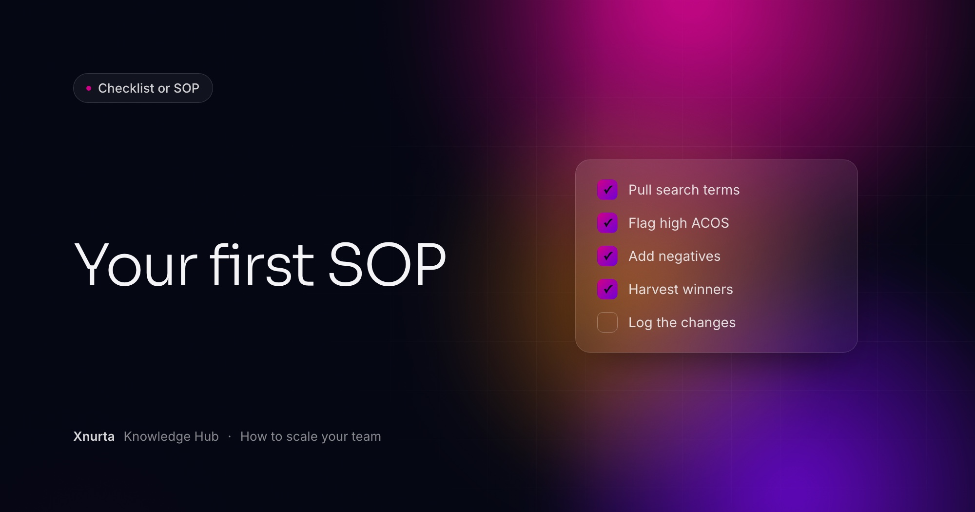 Xnurta Knowledge Hub cover: "Your first SOP" on a dark navy gradient, with a checklist (Pull search terms; Flag high ACOS; Add negatives; Harvest winners; Log the changes)