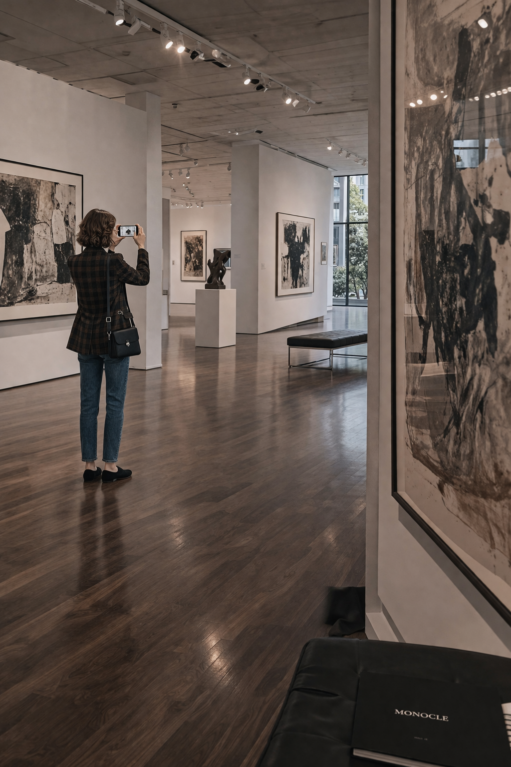 A woman in a gallery taking a photograph with her phone camera. The scene is architectural and spacious with monochromatic imagery on the framed  canvas' on display.