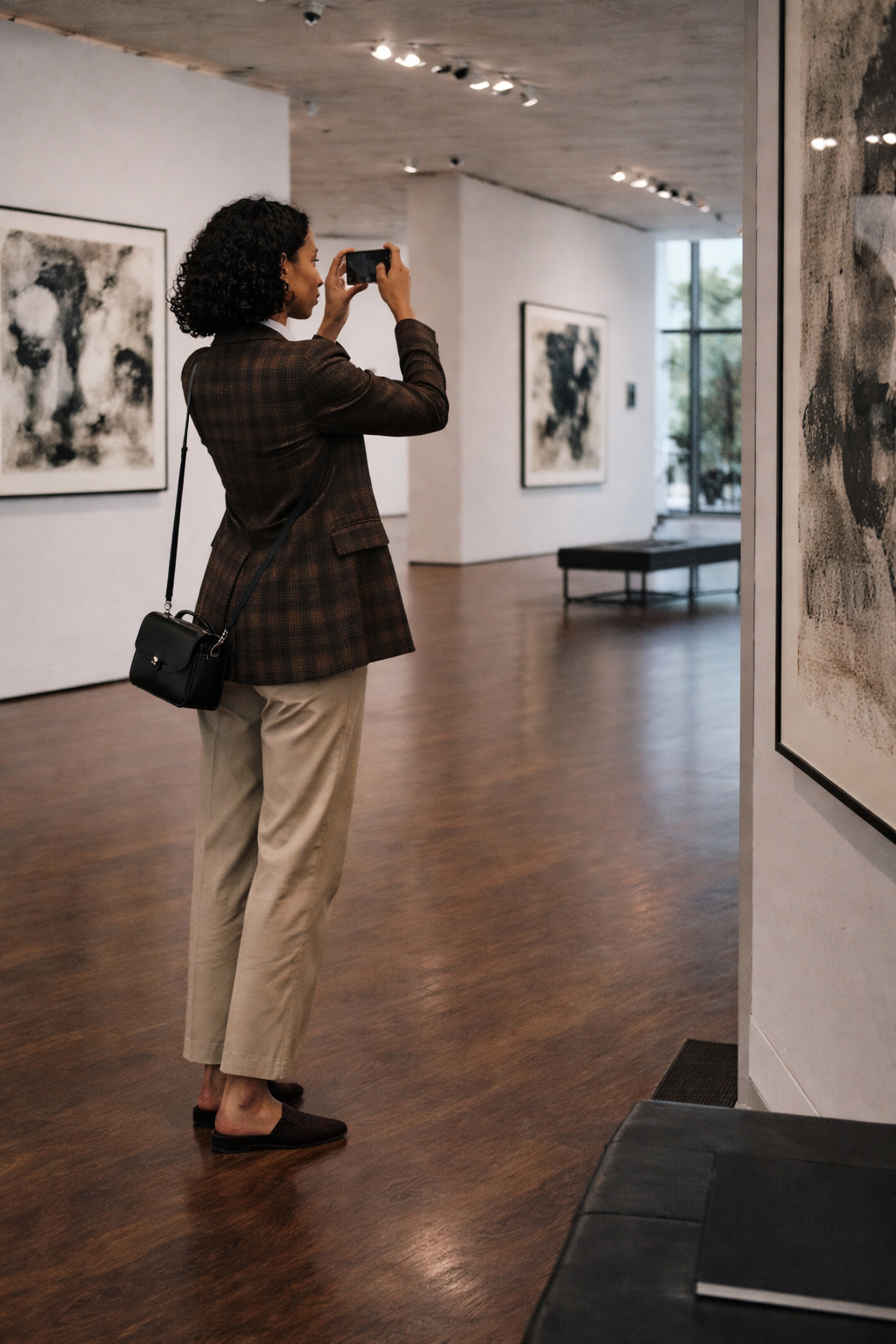 Pair of dark suede KMRO mule slip-on shoes with cream rubber outsoles displayed on a wooden stool.