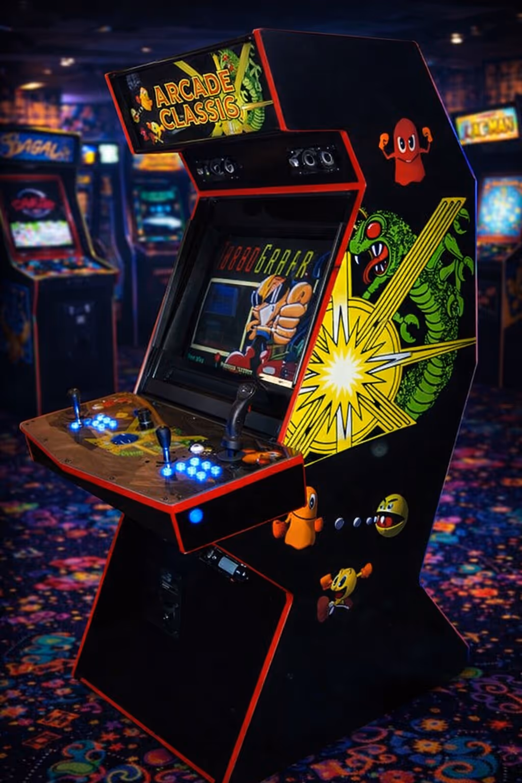Retro arcade machine with bright joysticks and buttons, decorated with classic game characters and colorful graphics.